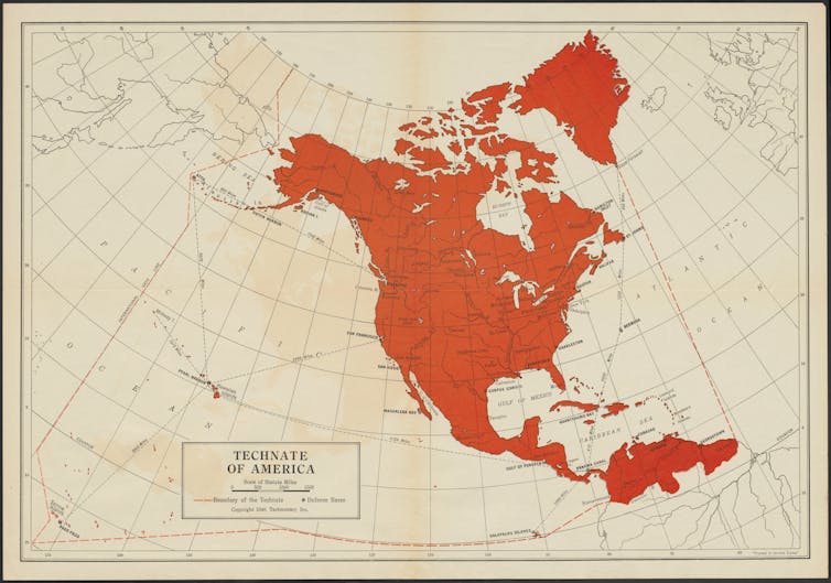 A map coloured in red showing the area of the Americas the Technocracy movement wanted to unite.