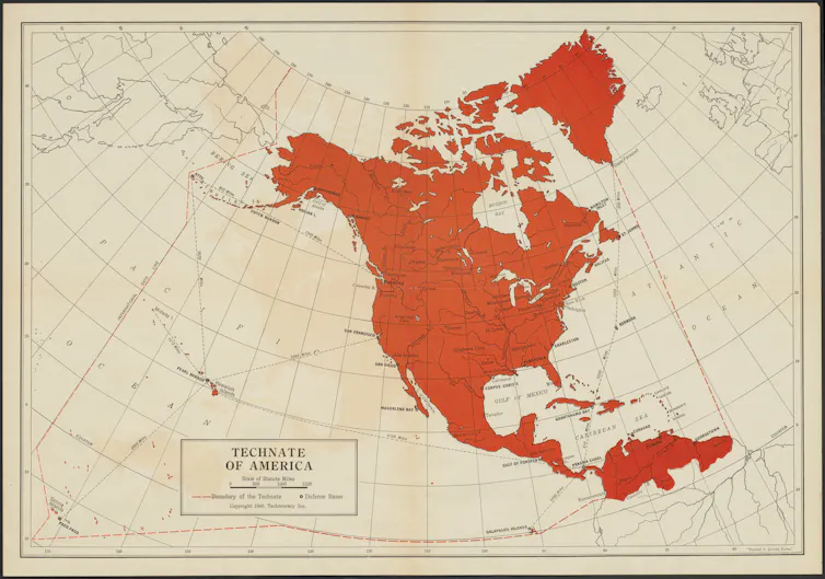 A map coloured in red showing the area of the Americas the Technocracy movement wanted to unite.