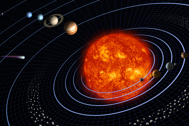 Artist's rendition of large Sun with 8 planets and their orbits traced around it