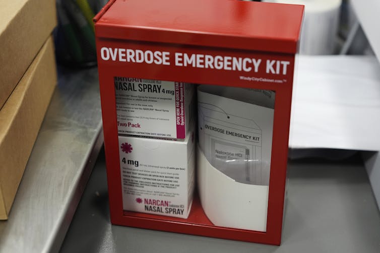 Red box labeled 'Overdose Emergency Kit' contains two doses of Narcan nasal spray