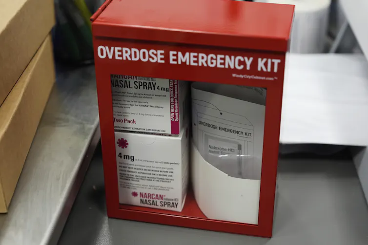 Red box labeled 'Overdose Emergency Kit' contains two doses of Narcan nasal spray