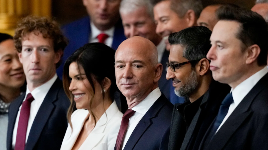 Mark Zuckerberg, Lauren Sanchez, Jeff Bezos, Sundar Pichai and Elon Musk are seen attending the inauguration of Donald Trump on Jan. 20, 2025.