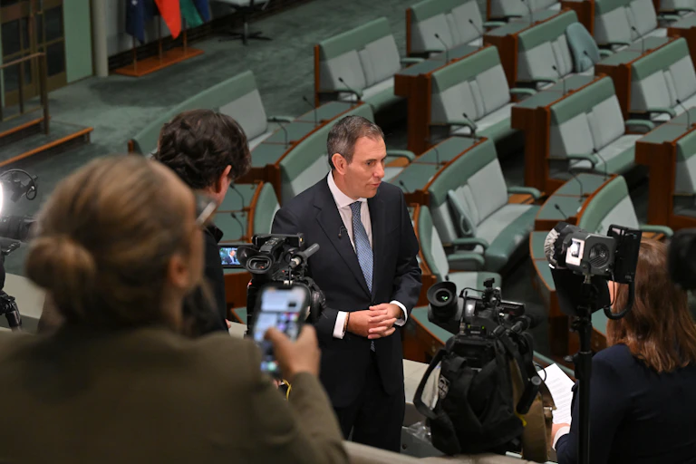 Treasurer Jim Chalmers speaks to the media in Canberra.