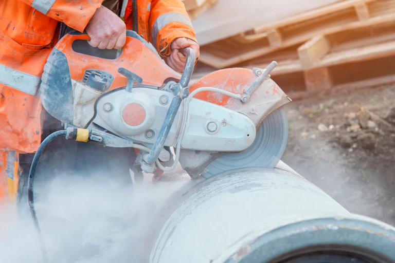 A close-up of a worker cutting through a concrete pipe with a rotary saw.