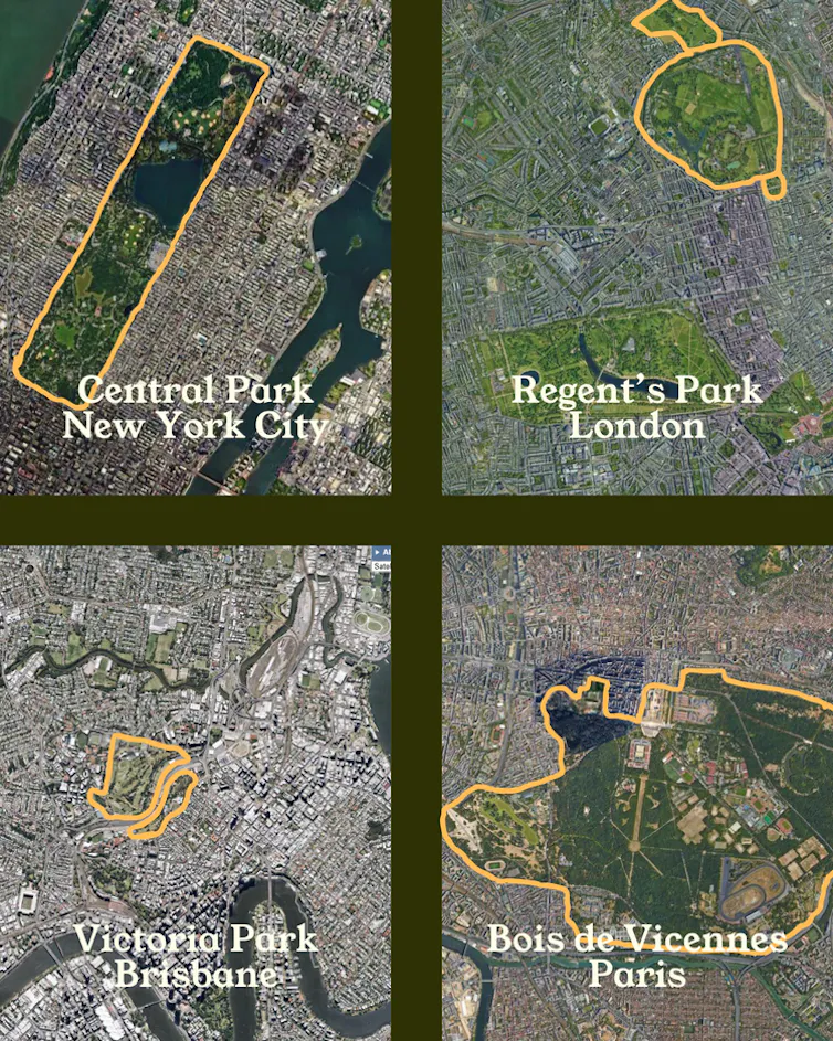 Four satellite images marking out the area of Victoria Park (64 hectares) compared with Central Park (341h), Regent’s Park (160h), Bois de Vicennes (995h).