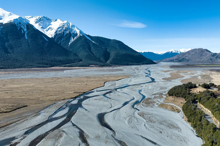 An aerial view of a braided river