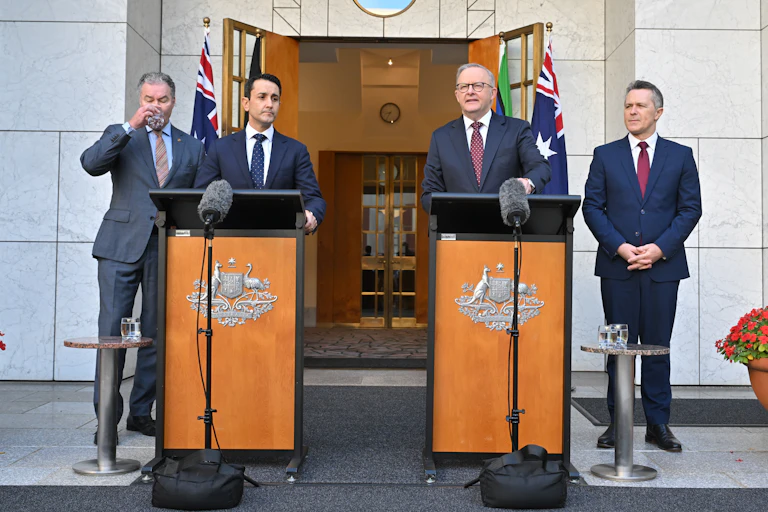 Prime Minister Anthony Albanese and Queensland Premier David Crisafulli at a press conference at Parliament House, Canberra.