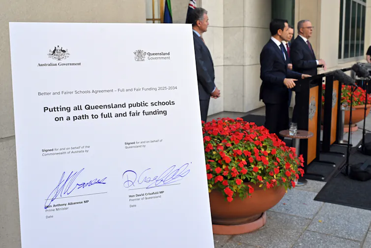 A blown-up version of the school funding agreement signed by Queensland and the Commonwealth government. On display at Parliament House, Canberra.