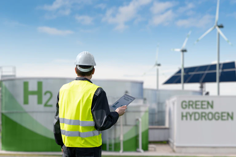 Person in hard hat and reflective vest stands holding a tablet device, in front of large storage tanks labelled Green Hydrogen, with wind turbine blades and solar power panels behind them
