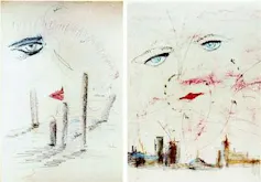 Bocetos preliminares de la portada de _El gran Gatsby_ dibujados por Francis Cugat en 1925 descubiertos por Matthew J. Bruccoli, estudioso de Fitzgerald, en 1990. Los bocetos muestran la evolución creativa del diseño de la sobrecubierta.