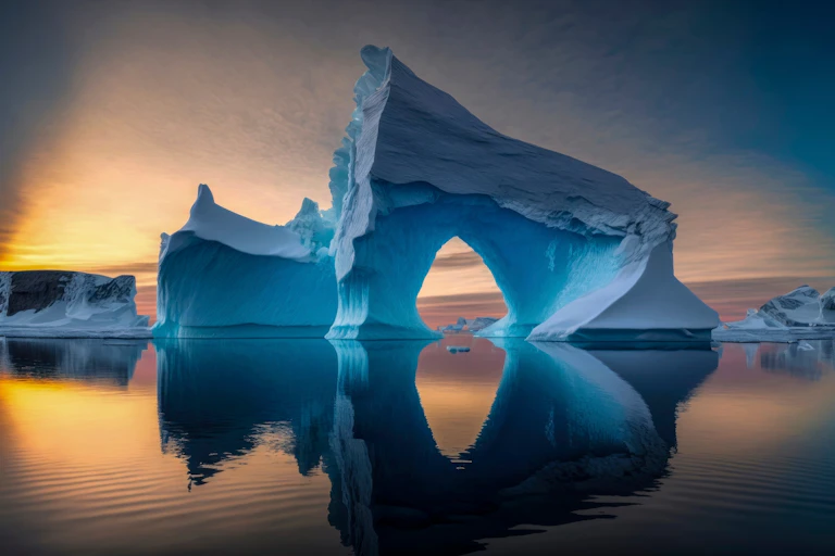 Doorlike gap in icebergs against sunset.