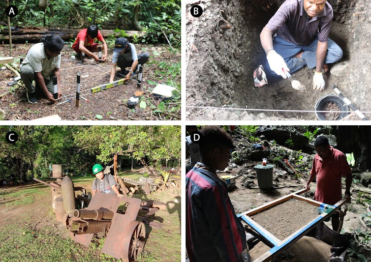 West Papuan archaeologists in the field: (A) Klementin Fairyo, left, is setting up a new excavation. (B) Martinus Tekege excavating pottery. (C) Sonya Kawer with wartime archaeology. (D) Abdul Razak Macap, right, sieving for archaeological artefacts at Mololo Cave.