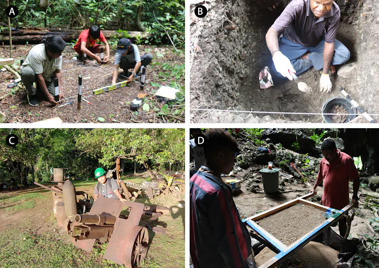 West Papuan archaeologists in the field: (A) Klementin Fairyo, left, is setting up a new excavation. (B) Martinus Tekege excavating pottery. (C) Sonya Kawer with wartime archaeology. (D) Abdul Razak Macap, right, sieving for archaeological artefacts at Mololo Cave.