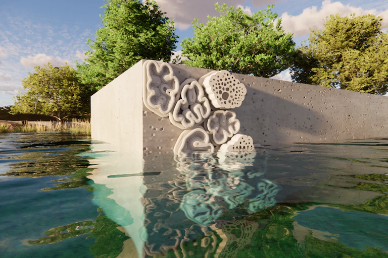 A gray wall with curvy, organic shapes rises out of blue-green water