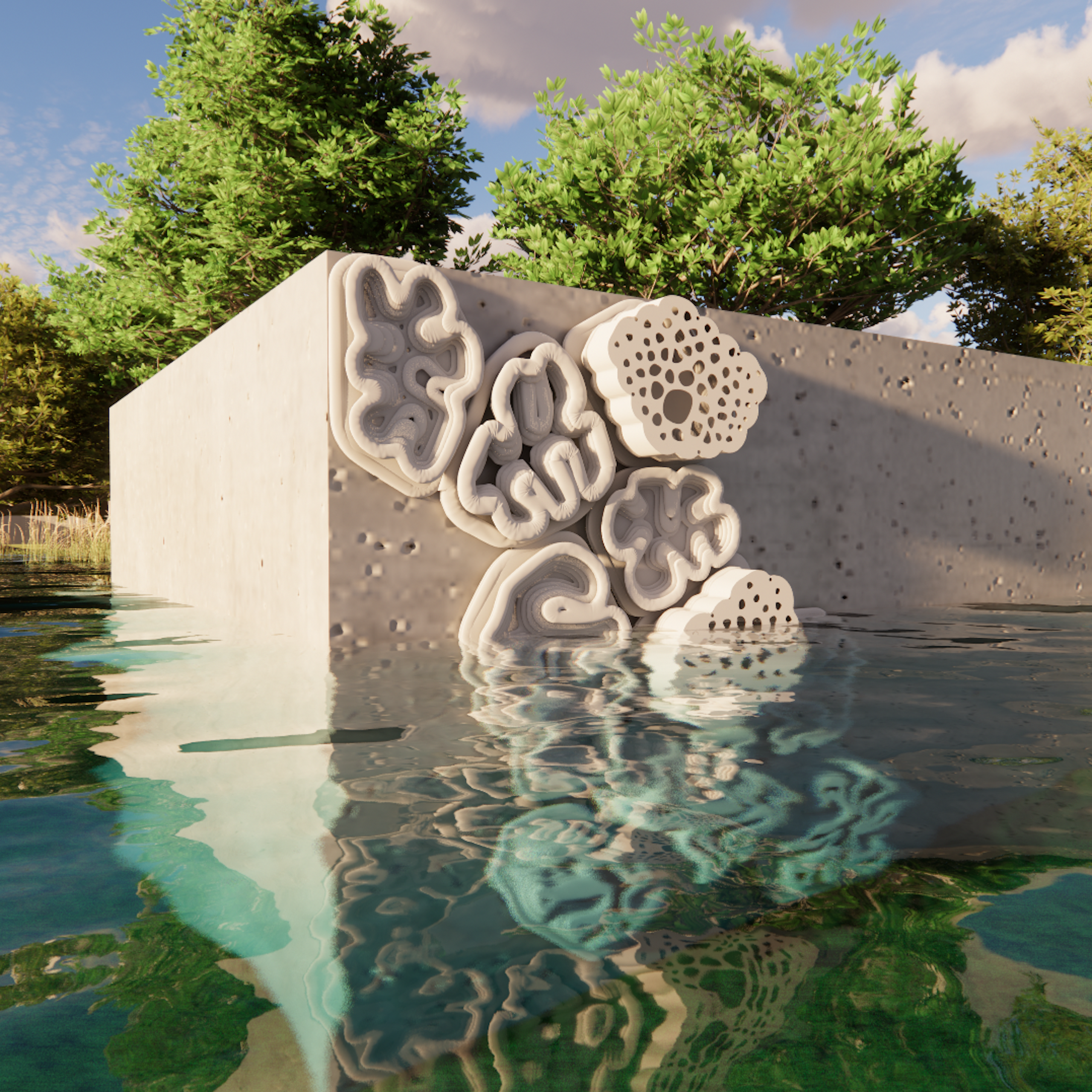 A gray wall with curvy, organic shapes rises out of blue-green water