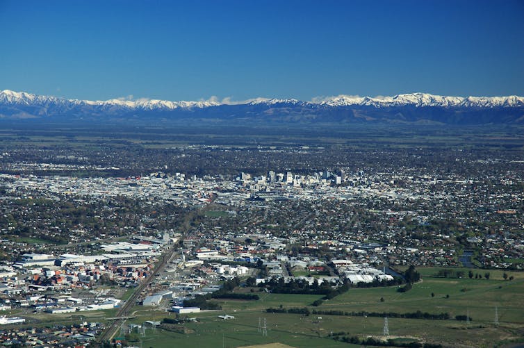 An aerial view of Christchurch, photographed from the Port Hills.