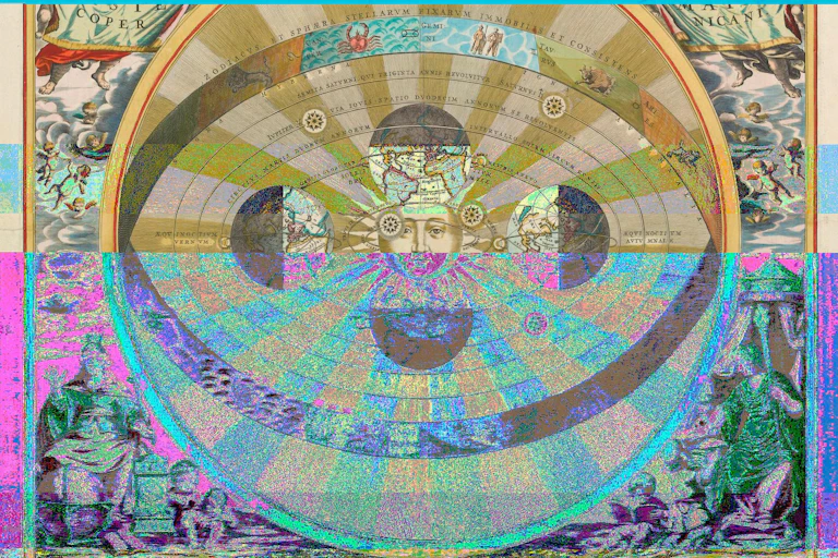 An illustration of celestial chart featuring concentric rings with Latin inscriptions and zodiac symbols, centered around a sun with a face and 4 plants around it, with a glitch effect.