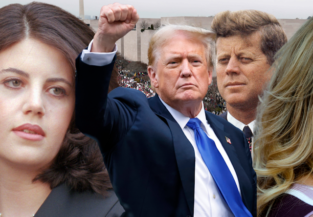 Photos of Monica Lewinsky and Stormy Daniels flanks those of Donald Trump and JFK.