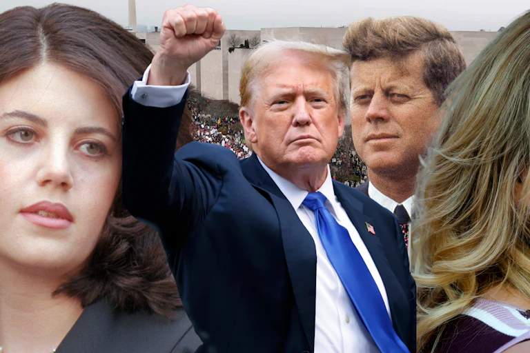 Photos of Monica Lewinsky and Stormy Daniels flanks those of Donald Trump and JFK.