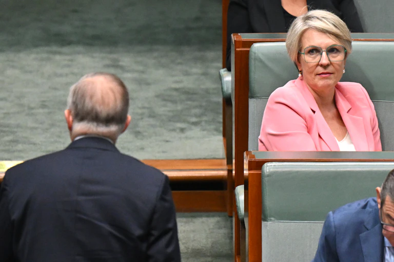 Australian Environment Minister Tanya Plibersek looks on as Australian Prime Minister Anthony Albanese walks past after a division in the House of Representatives at Parliament House in Canberra, Tuesday, March 25, 2025.