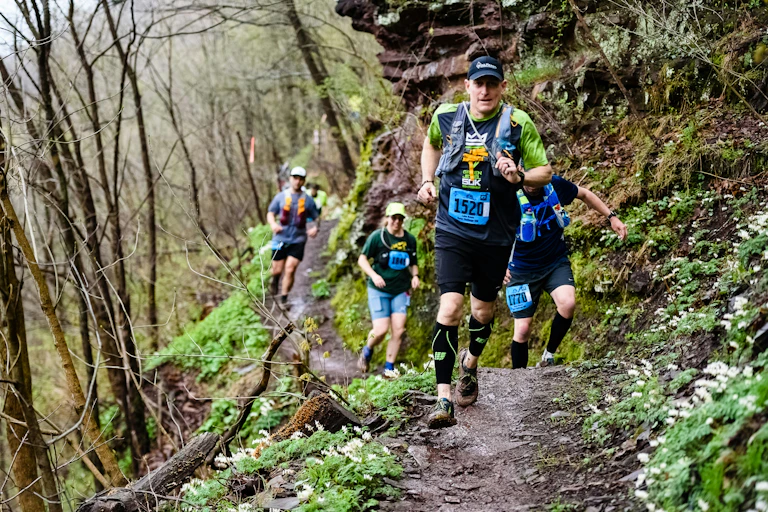 Trois hommes et une femme portant des dossards courent en forêt.