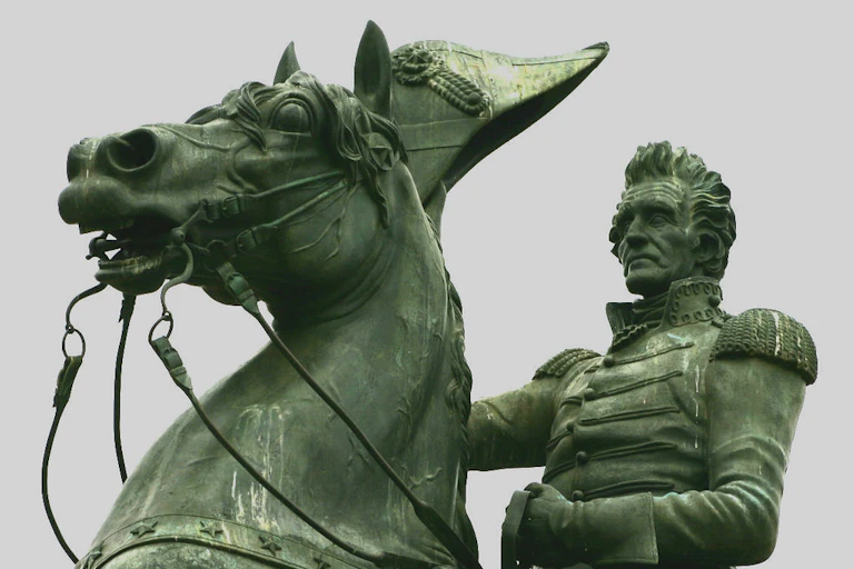 Statue of the seventh US president, Andrew Jackson, wearing military unifirm and riding a horse, in Layfayette Square, Washington DC.