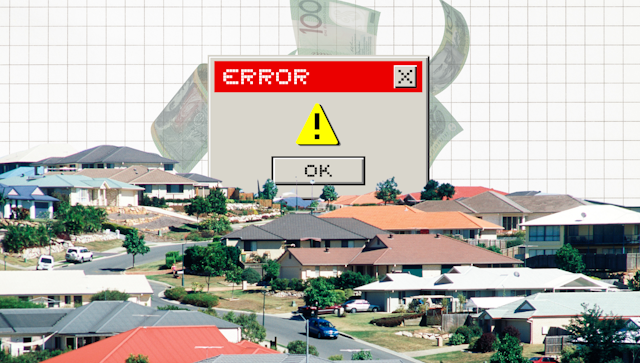A composite image of housing with a computer error message