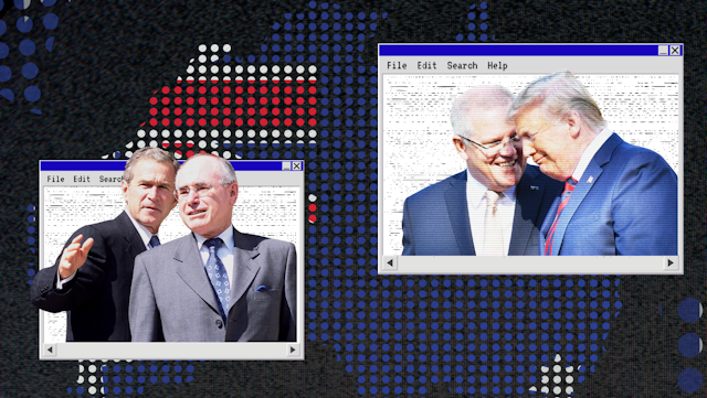 A composite image of two 2000s computer windows with men in suits in them