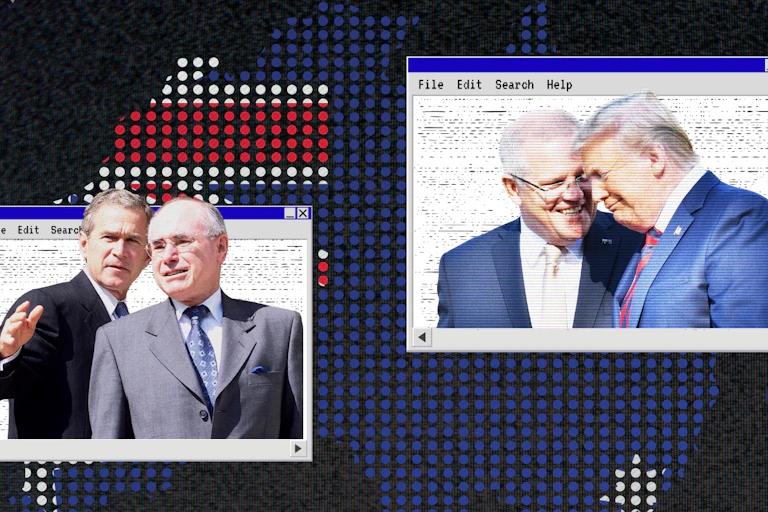 A composite image of two 2000s computer windows with men in suits in them