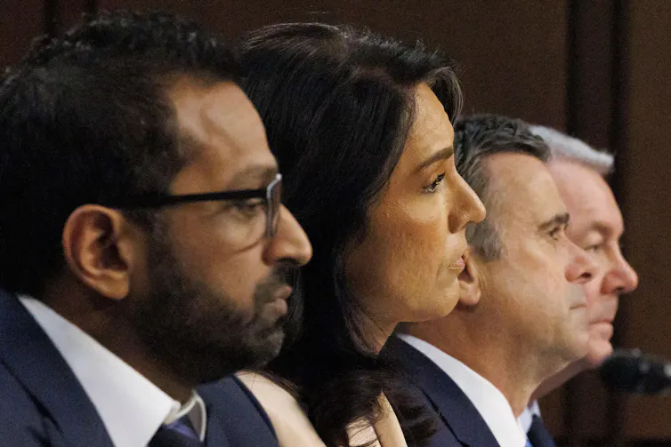 Kash Patel, FBI director, Tulsi Gabbard, director of national intelligence and John Ratcliffe, CIA director sit in a row at a congressional hearing March 25.