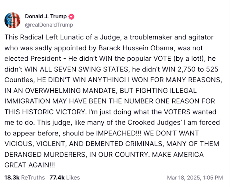 Donald Trump's post of TruthSocial calling for a judge to be impeached.