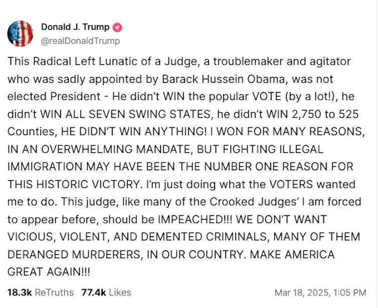 Donald Trump's post of TruthSocial calling for a judge to be impeached.