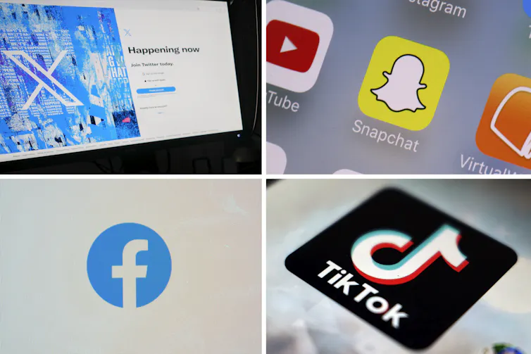 A collage of photos of the logos of X, Snapchat, facebook and tiktok