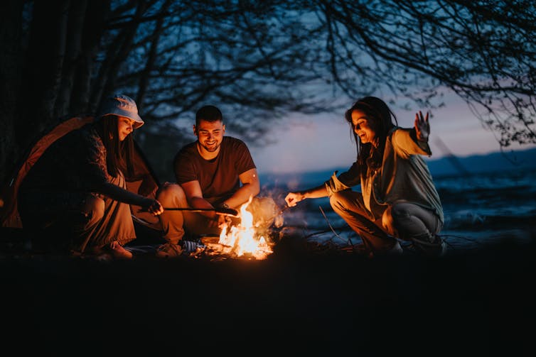 A group of friends sitting around a campfire at night.