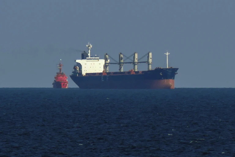 Cargo ships heading across the Black Sea towards Ukrainian ports.