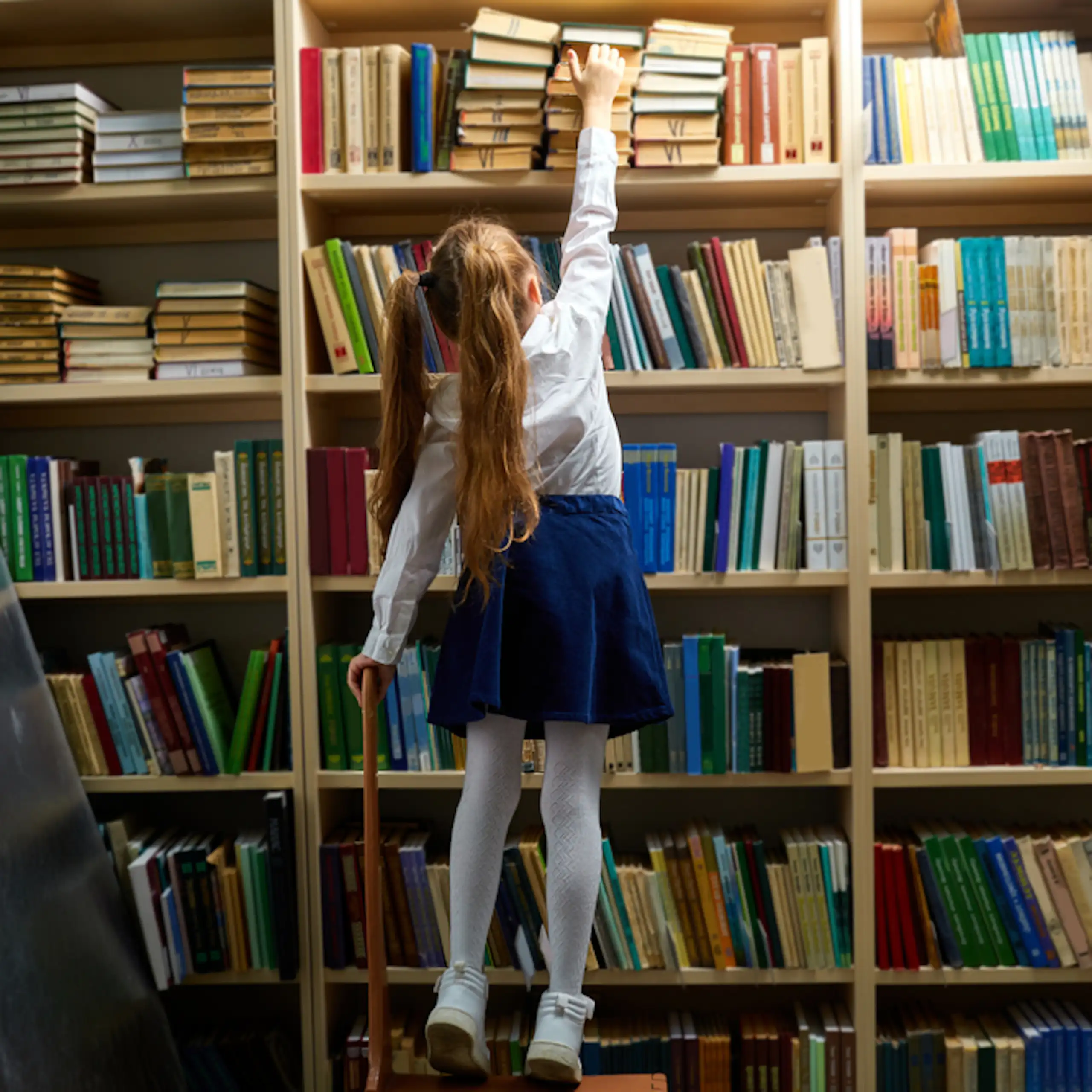 Une petite fille qui cherche un livre en bibliothèque