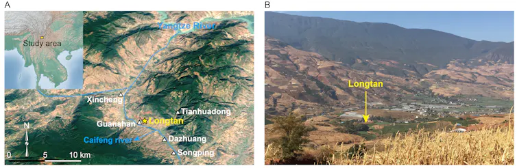 Map of central China showing the location of the site in the Tibetan Plateau. B. Arrow marks distant location on a landscape with mountains in background