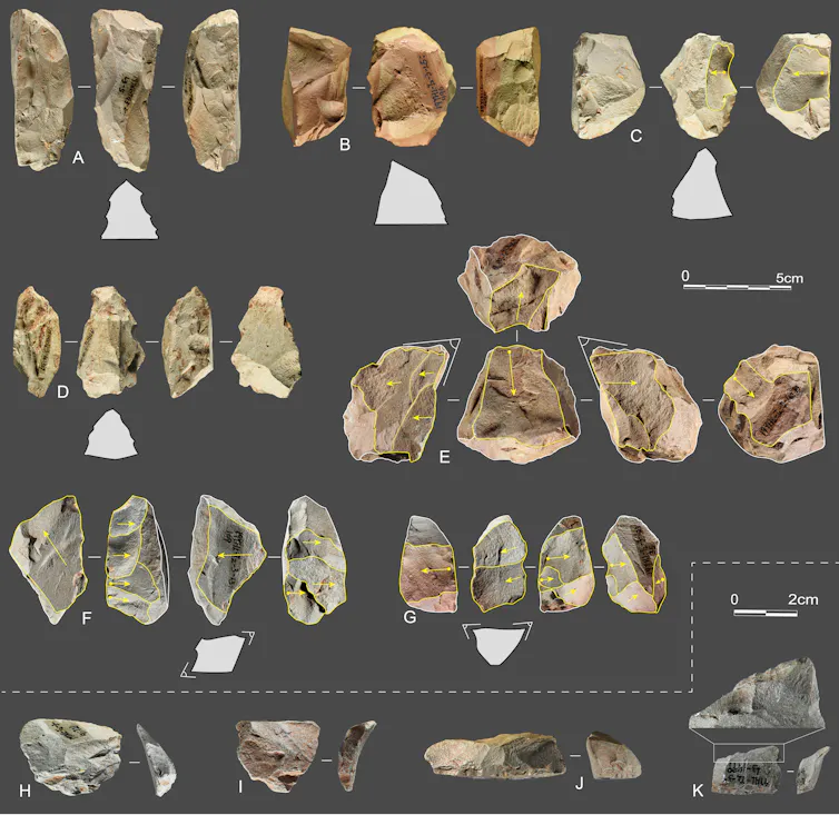 Arrangement of various stone tools, some from multiple angles.