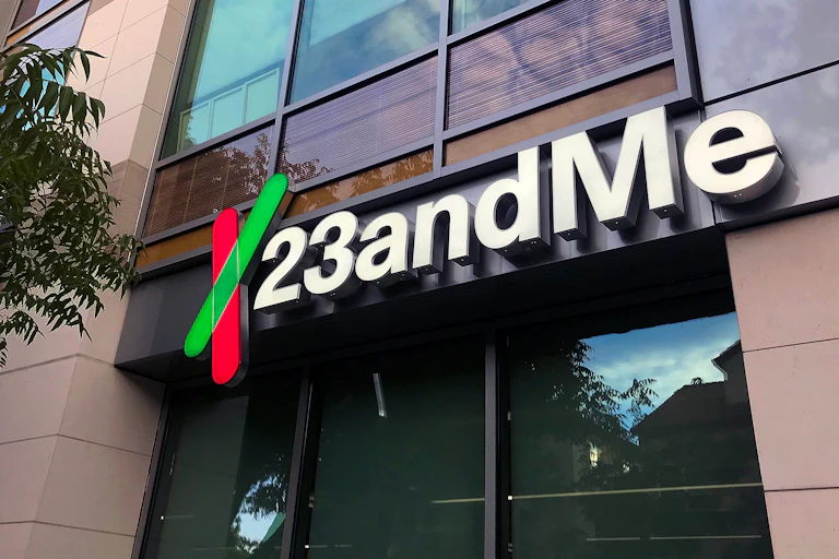 23andMe sign seen on the outside of a building