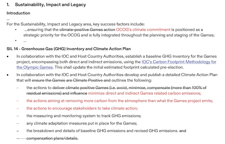 Screenshot providing detail of changes made in the addendum to the Brisbane 2032 Olympic Host Contract