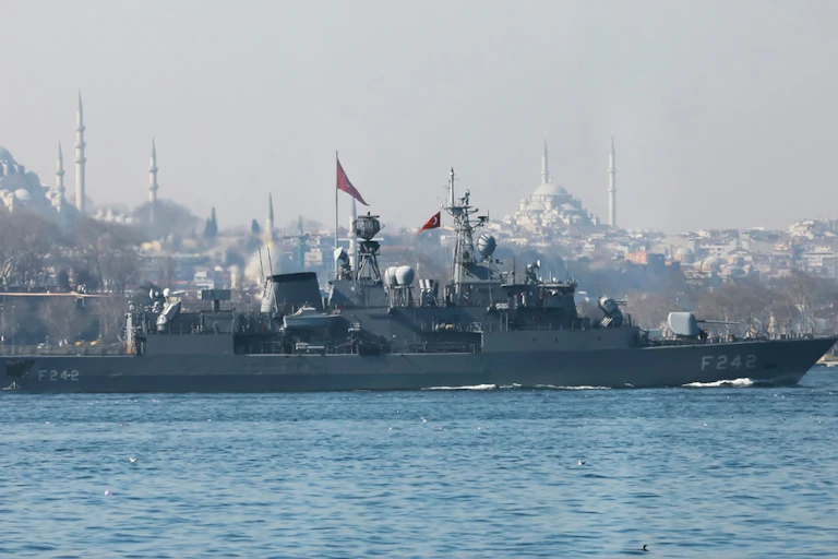 A Turkish ship with Istanbul in the background.