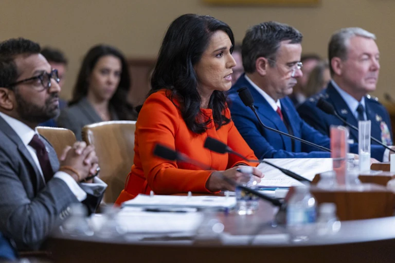 US director of national intelligence, Tulsi Gabbard, answers questions in the US senate. She is flanked by FBI director Kash Patel, CIA director John Ratcliffe and director of the Defense Intelligence Agency, Lieutenant General Jeffrey Kruse.