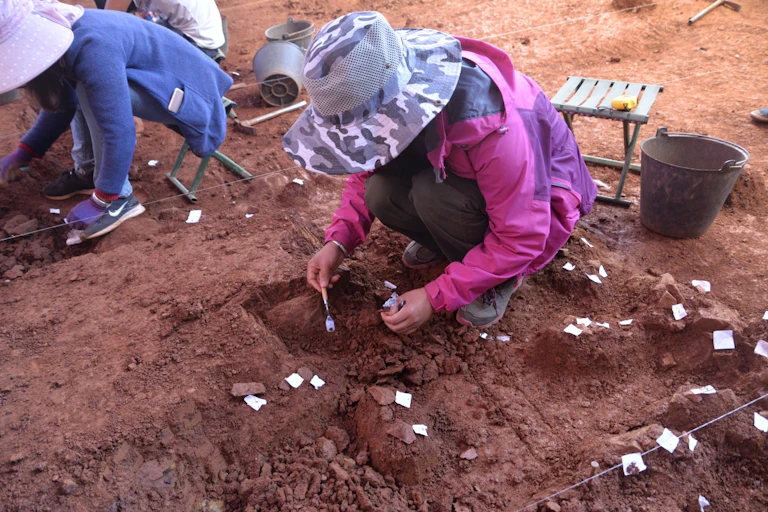 Two people crouched on a dirt surface carefully excavate