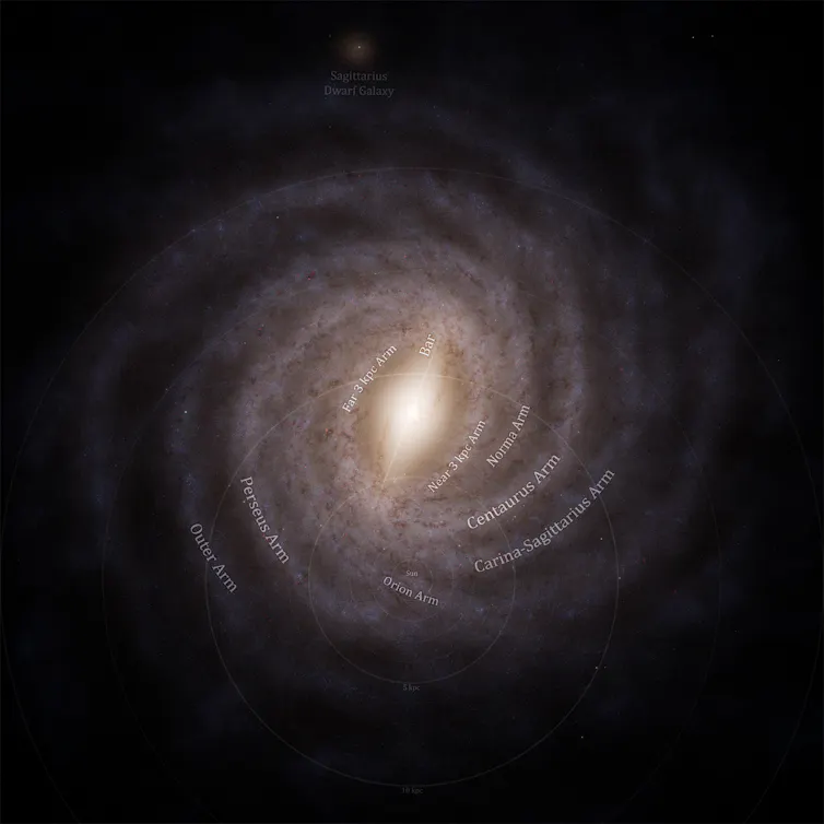 A model image of what our home galaxy, the Milky Way, might look like face-on: as viewed from above the disc of the galaxy, with its spiral arms and bulge in full view. In the centre of the galaxy, the bulge shines as a hazy oval, emitting a faint golden