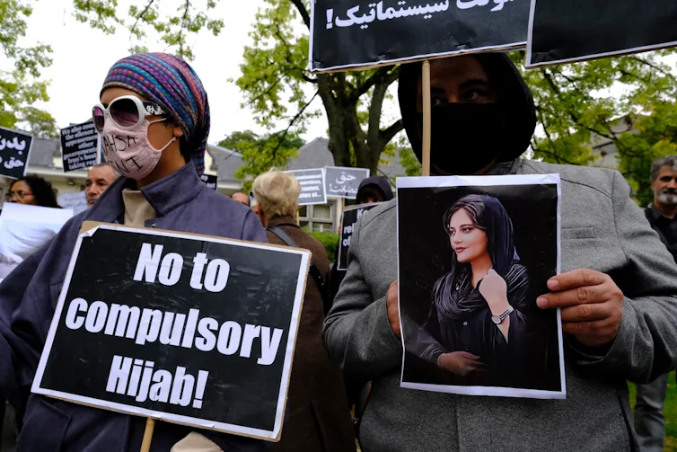 Women protesting against compulsory hijabs.