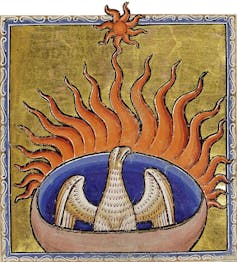Pelican and Phoenix: Sufferer and Symbols of Resurrection within the Center Ages 2 The bird presented between orange and red flames.