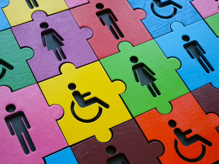 A multicolored puzzle appears with figures of people.