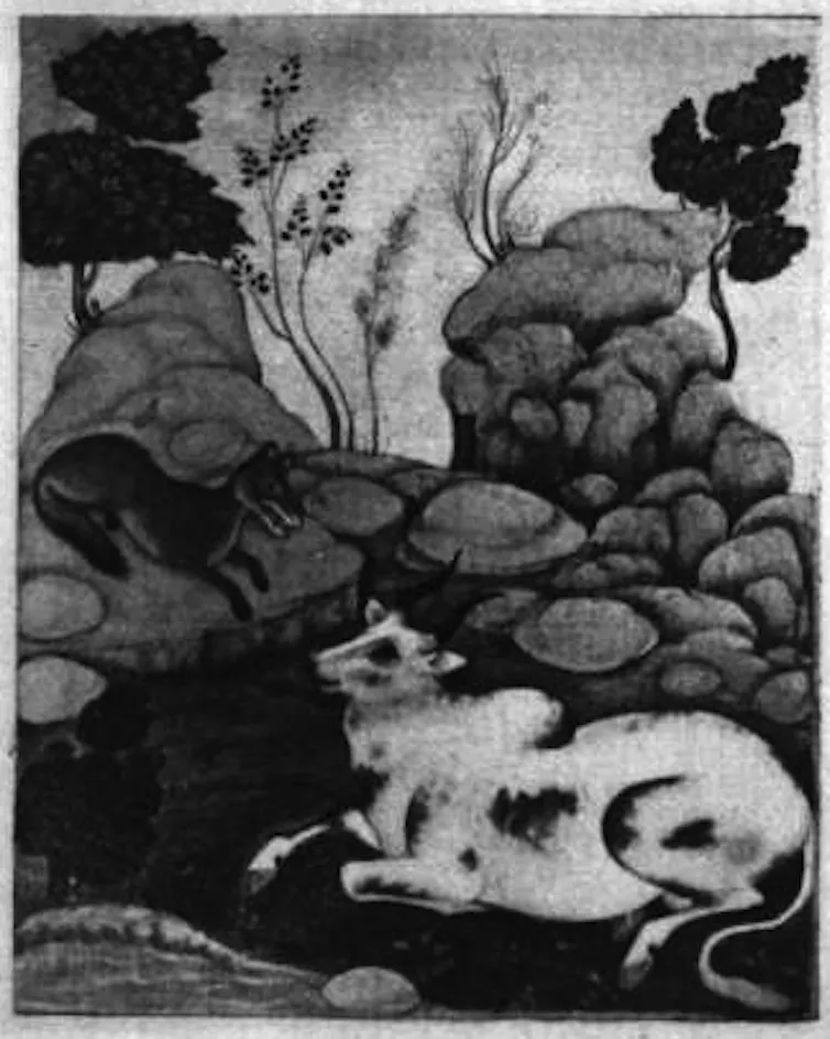 A black and white sketch depicts a jackal and a bull meeting in a forest.