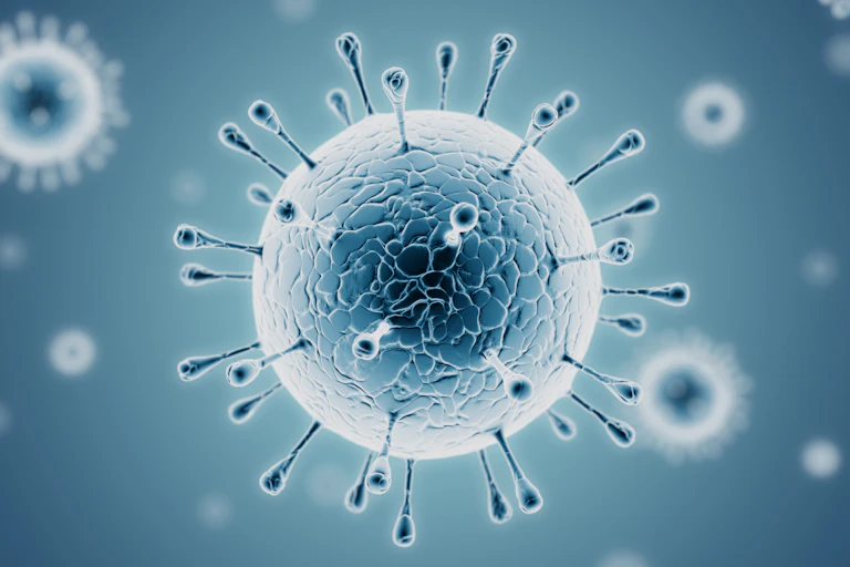 An illustration of SARS-CoV-2, the virus that causes COVID.