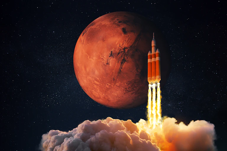 Spacecraft takes off into space. Rocket flies to Mars. Red planet Mars in space.